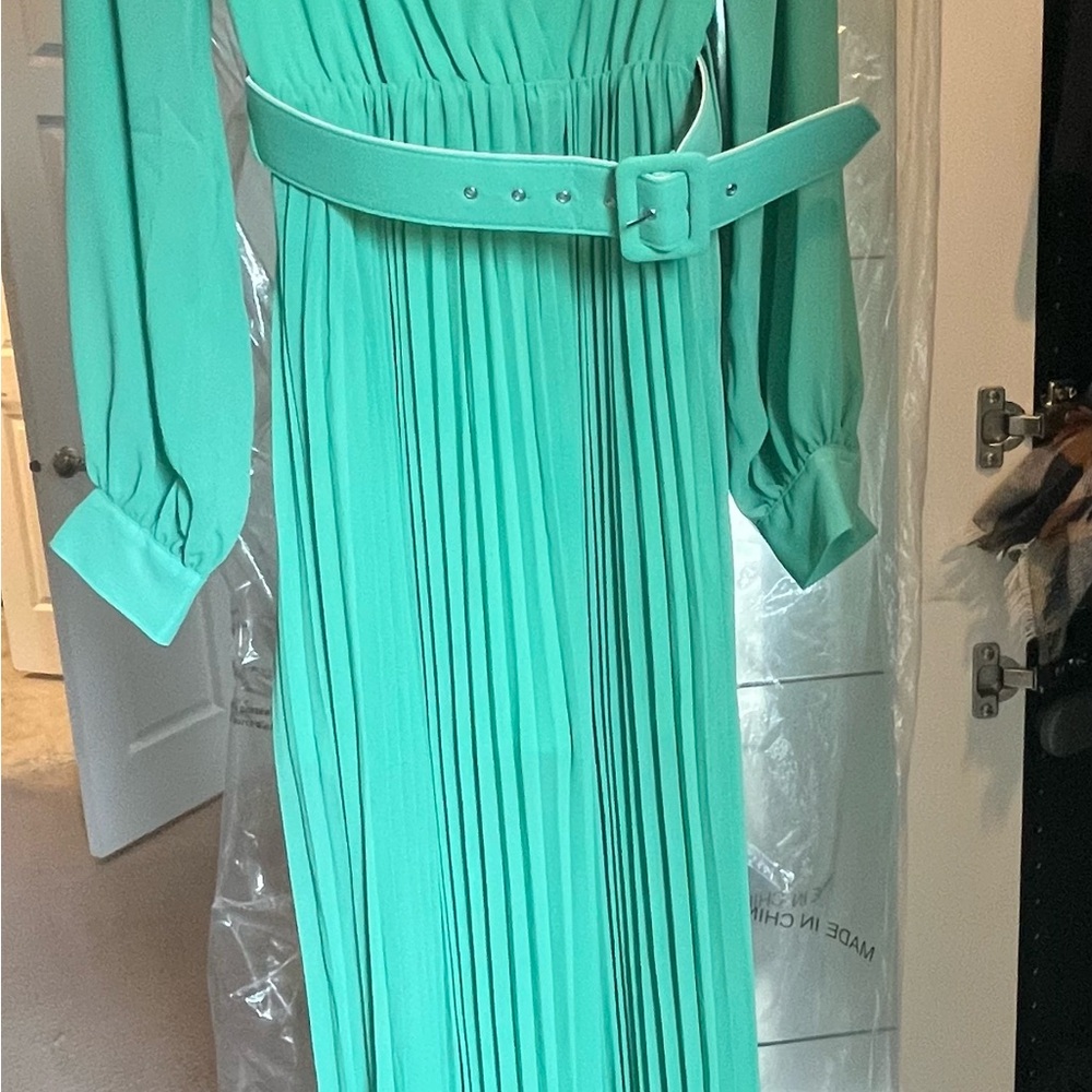 Love By Design Green Pleated Gown with Bishop Sleeves -new never worn